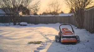 A lawn mower parked on a snow_covered Winnipeg backyard a reminder that seasonal businesses go invisible the moment they stop showing up.