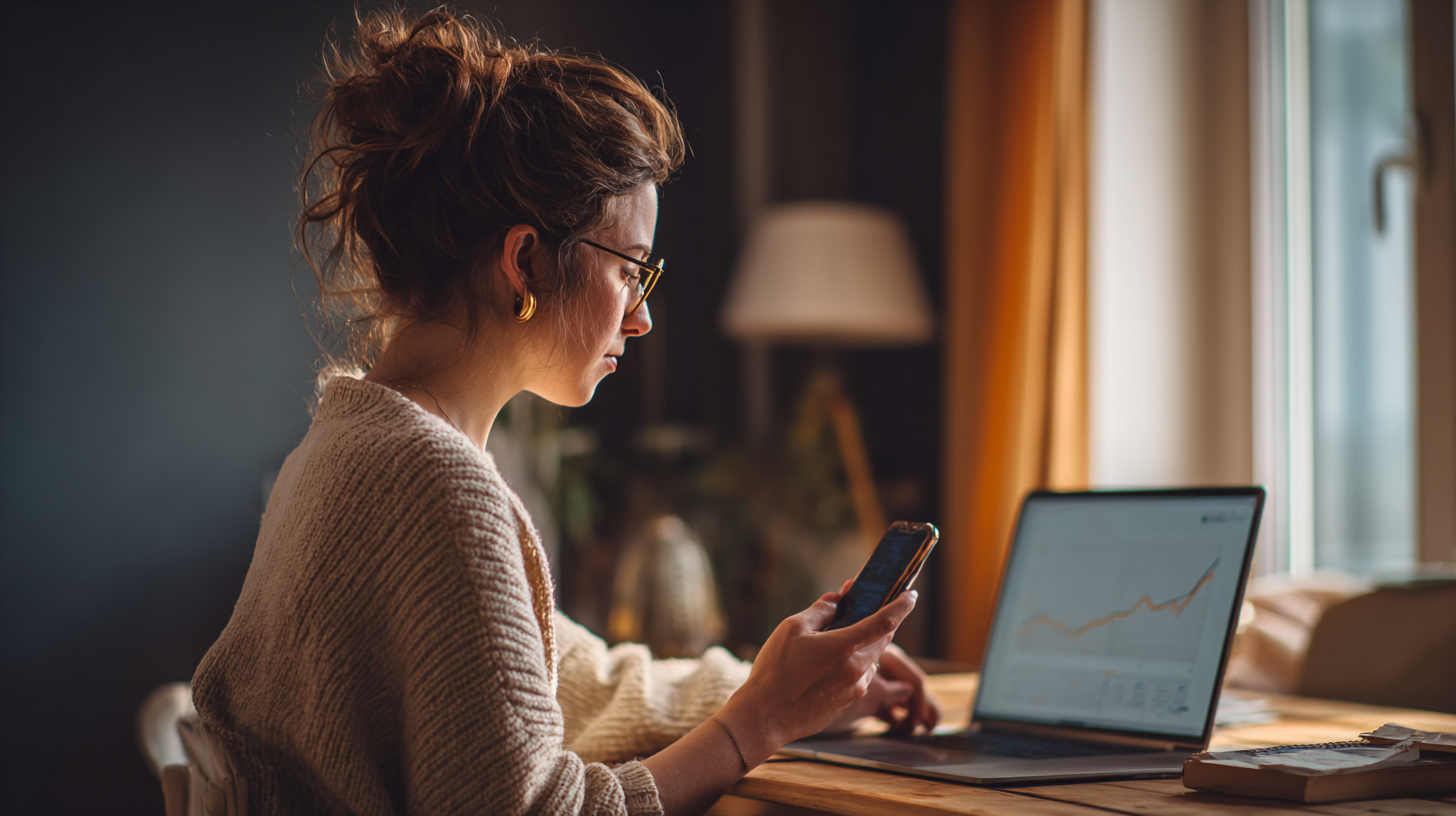 a woman watching her traffic climb on the laptop, then reaching for a phone